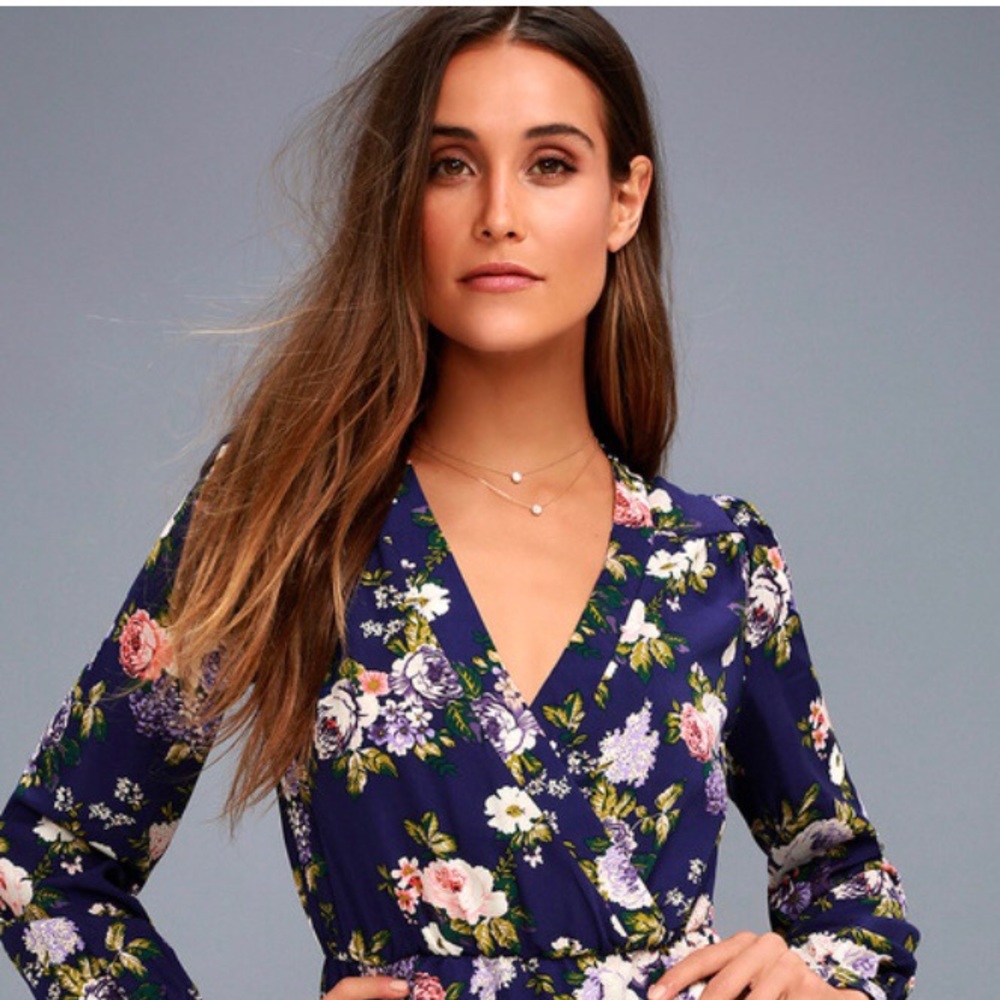 Lulus That’s a Wrap Navy Blue Floral Print Dress